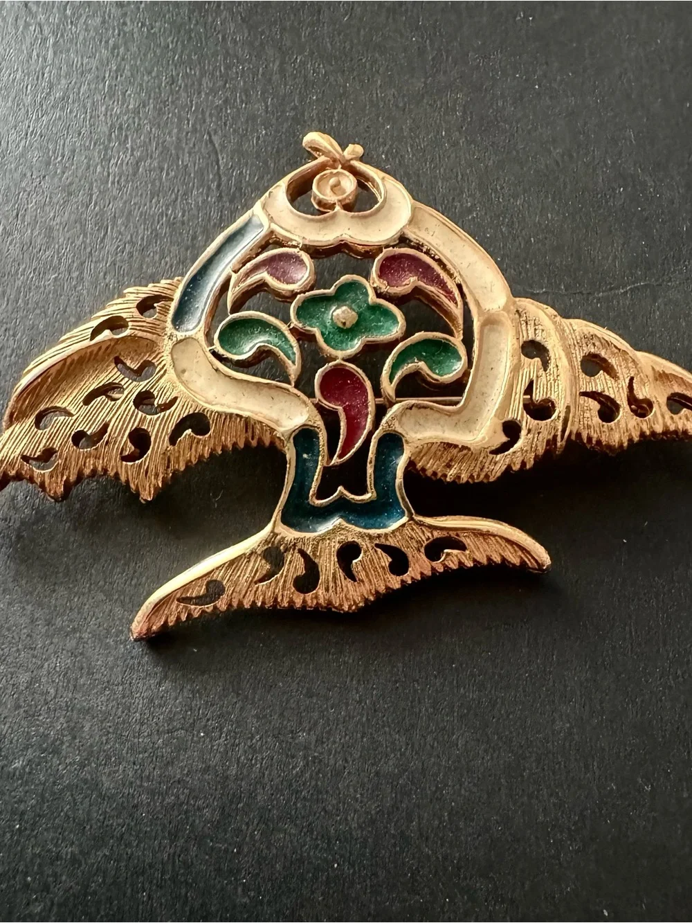 Vintage Cloisonné Style Fish Brooch Gold Tone Enamel Colorful Openwork